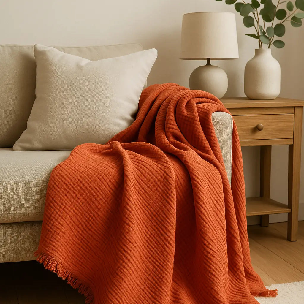 Mama and Tochter Organic Cotton Muslin 4 Layer Throw Blanket - Terracotta